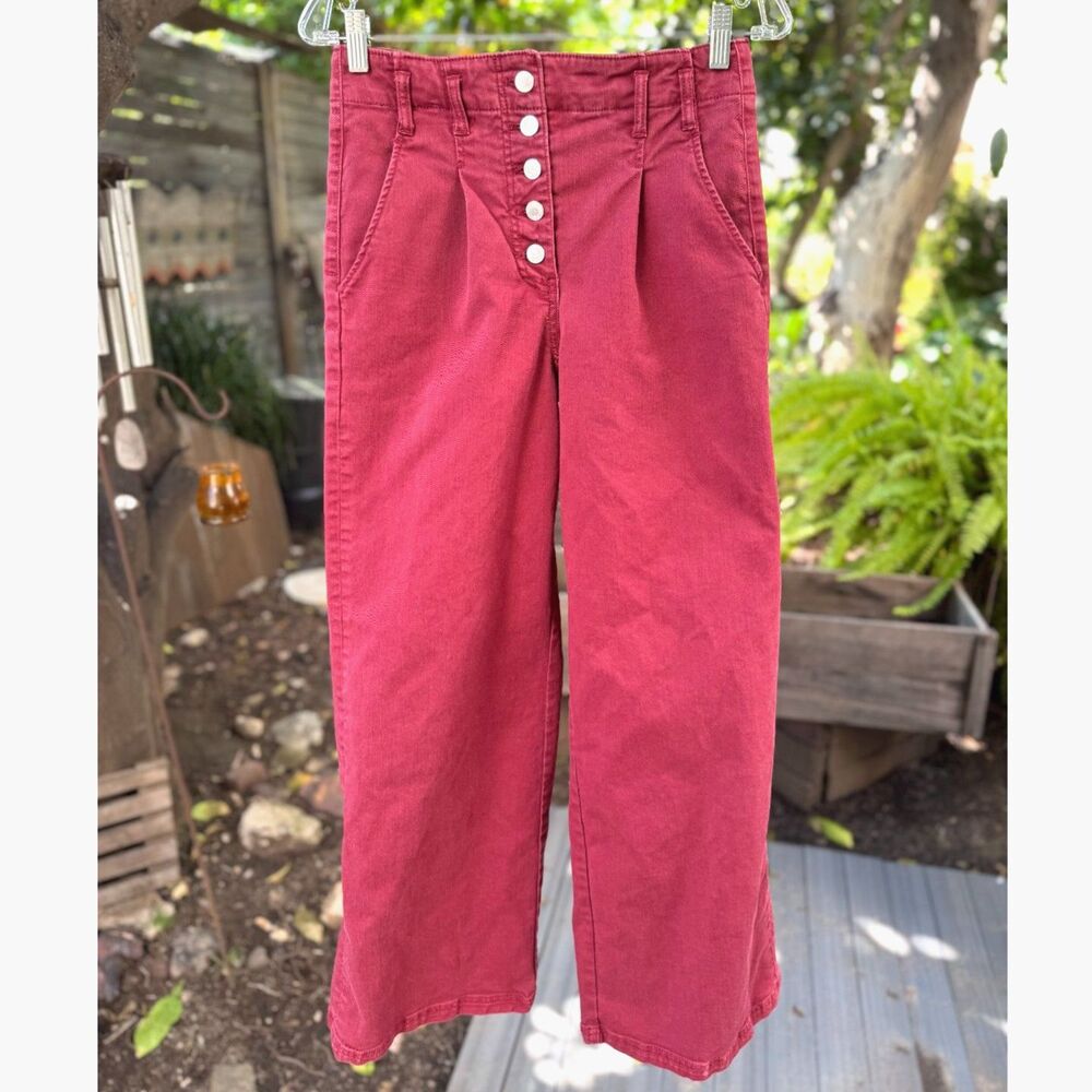 Anthropologie Maeve Wine Boho High Waist Pleat Wide Leg Cotton Blend Pants SZ 28